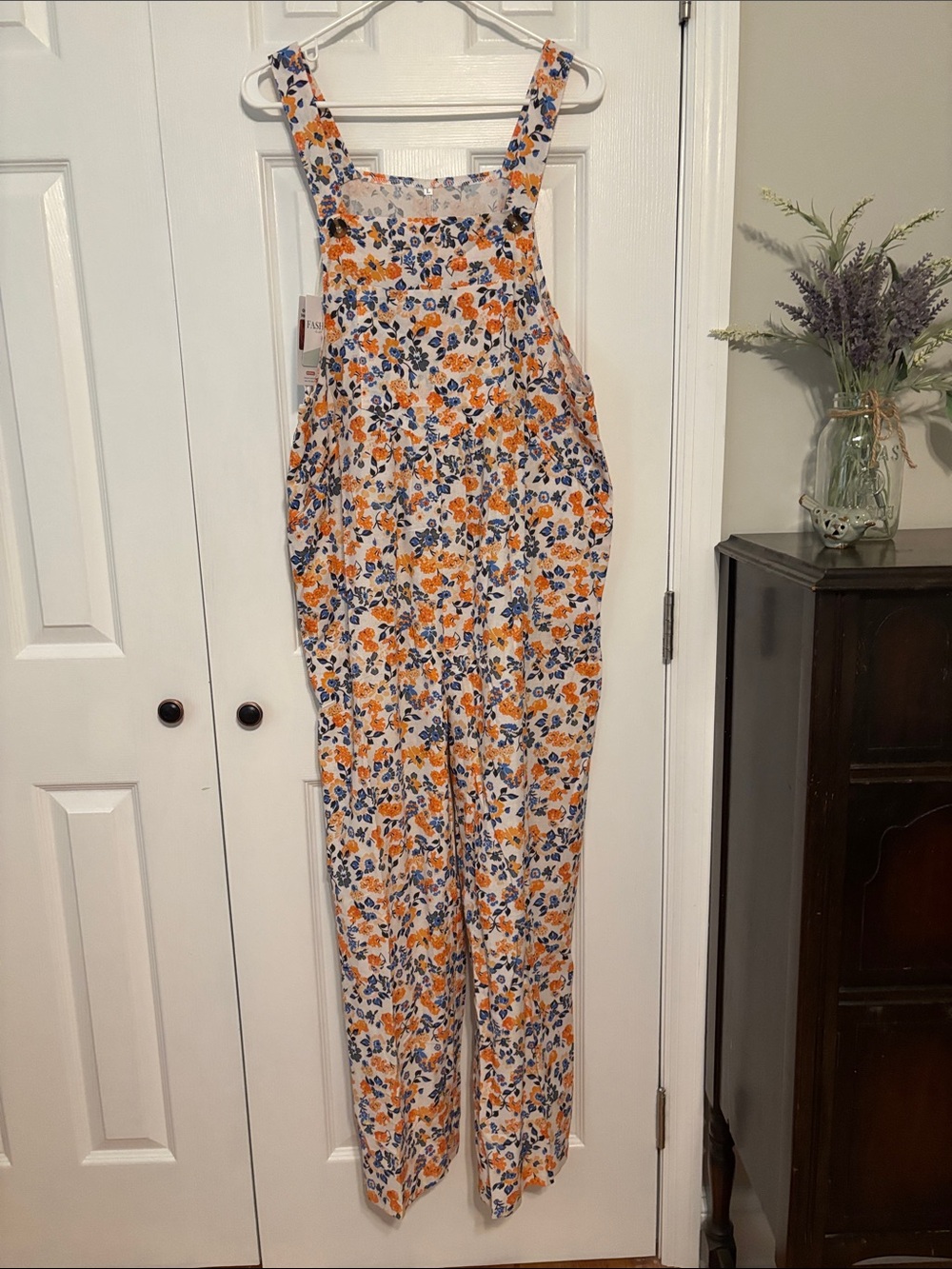 Floral Strapwide Jumpsuit - White with Orange & Blue Floral